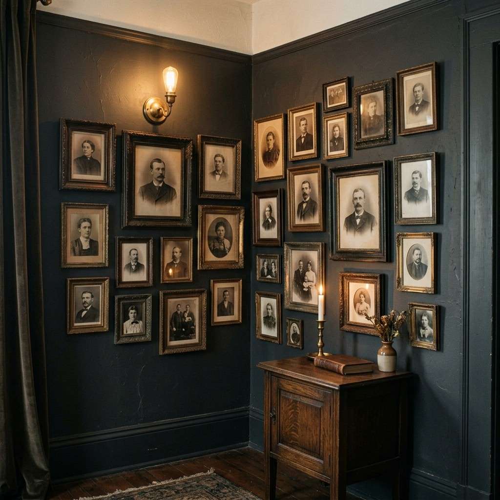 22 Corner Wall Gallery Ideas That Turn Awkward Nooks Into Art Statements 8Dark gallery wall with portraits 202608111501