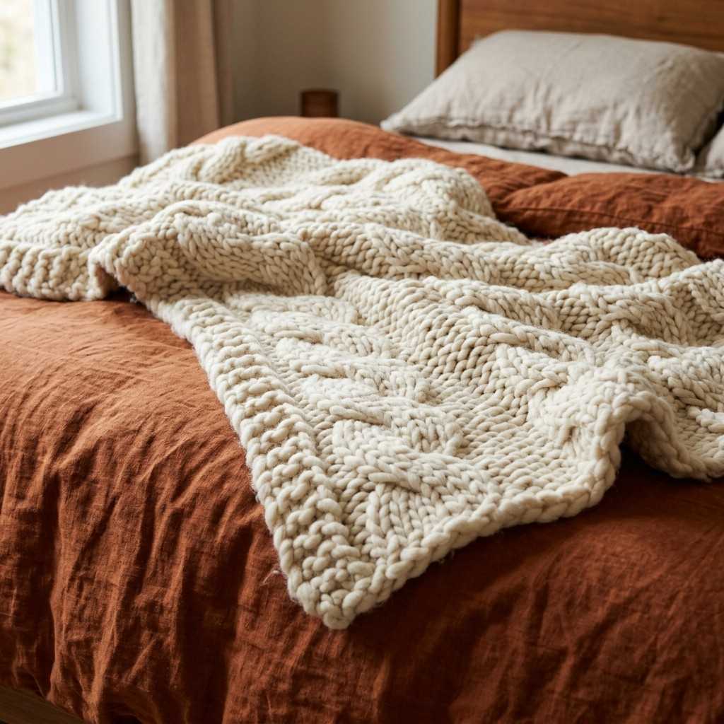 25 Cozy Fall Bedding Ideas to Make Your Bedroom Feel Warm & Luxurious 1 Chunky knit blanket on duvet 20260915131533 100kb