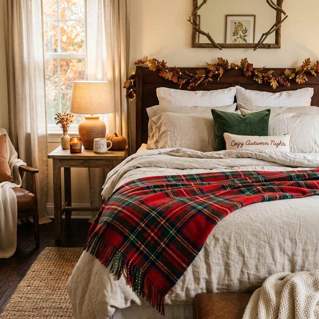 25 Cozy Fall Bedding Ideas to Make Your Bedroom Feel Warm & Luxurious 14 Tartan blanket on neutral duvet 20260915132923 100kb