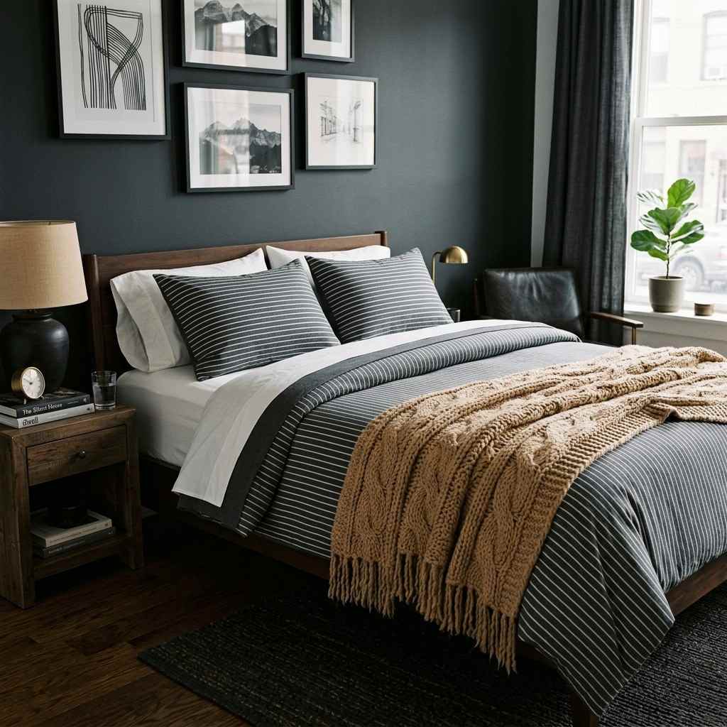 25 Cozy Fall Bedding Ideas to Make Your Bedroom Feel Warm & Luxurious 16 Pinstriped sheets with throw bla 20260915162552 100kb