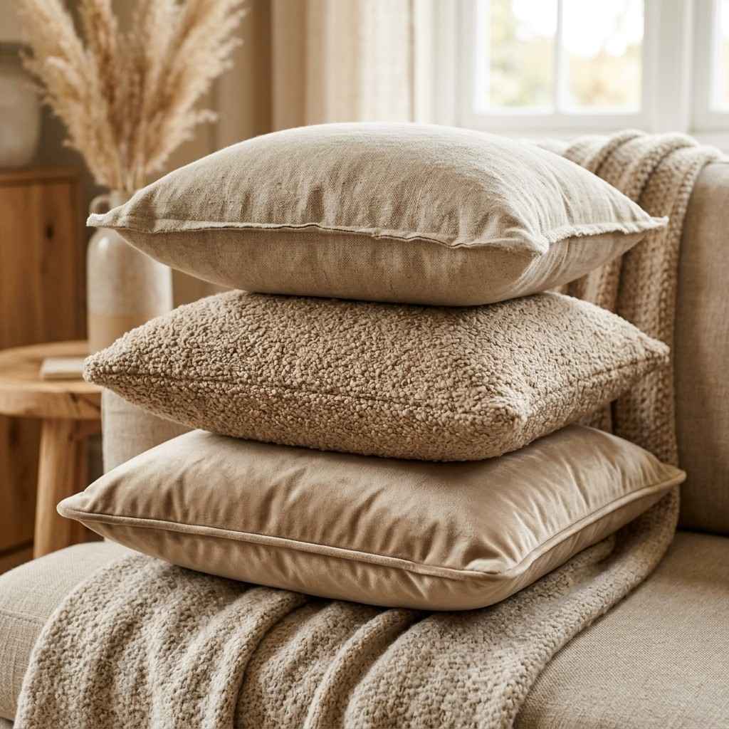 25 Cozy Fall Bedding Ideas to Make Your Bedroom Feel Warm & Luxurious 17 Pillow stack on beige background 20260915162621 100kb