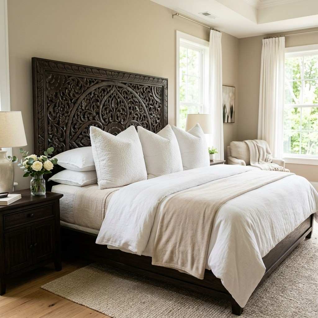 25 Cozy Fall Bedding Ideas to Make Your Bedroom Feel Warm & Luxurious 18 Euro shams against wooden headboard 20260915162728 100kb