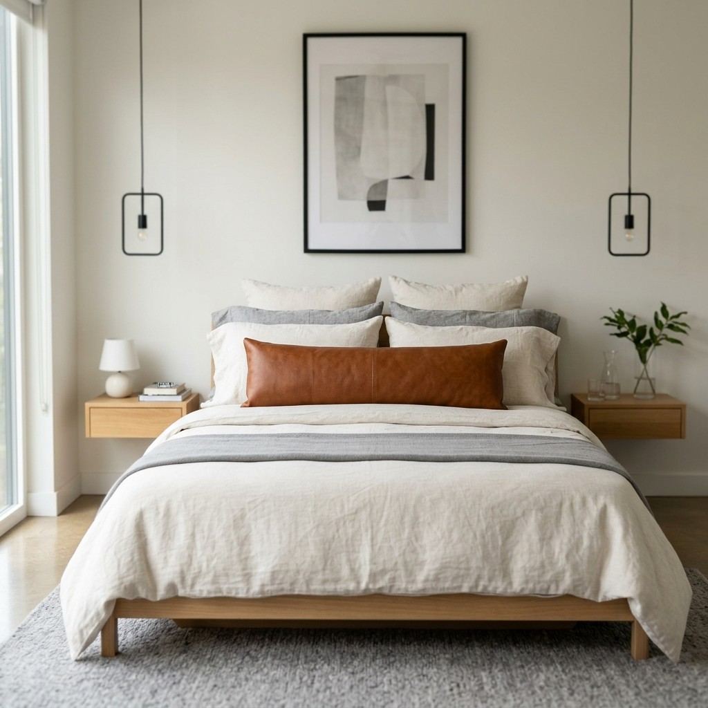 25 Cozy Fall Bedding Ideas to Make Your Bedroom Feel Warm & Luxurious 19 Cognac leather lumbar pillow cen 20260915162814 100kb