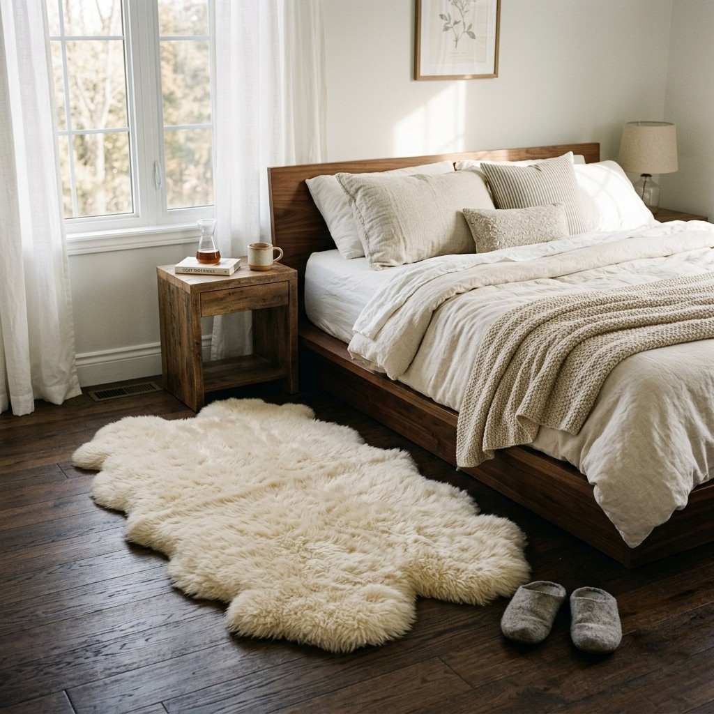 25 Cozy Fall Bedding Ideas to Make Your Bedroom Feel Warm & Luxurious 22 Sheepskin rug beside platform bed 20260915163225 100kb