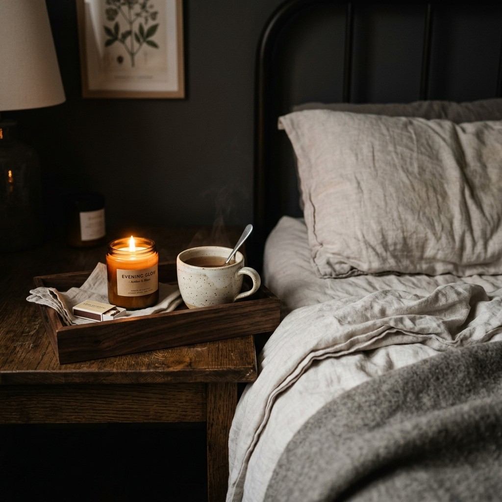 25 Cozy Fall Bedding Ideas to Make Your Bedroom Feel Warm & Luxurious 23 Tray holding candle and cup 20260915163157 100kb