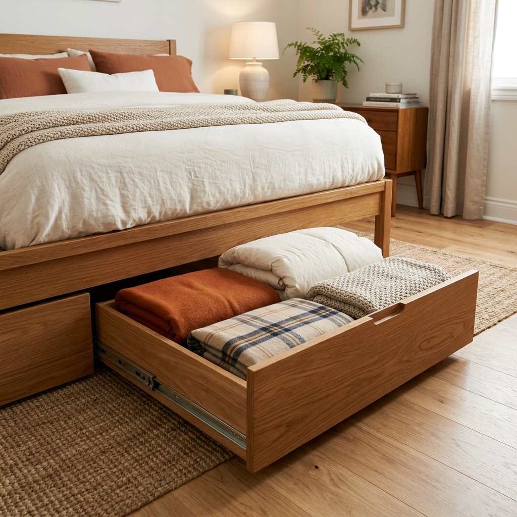 25 Cozy Fall Bedding Ideas to Make Your Bedroom Feel Warm & Luxurious 24 Under bed drawers storing blankets 20260915163333 100kb