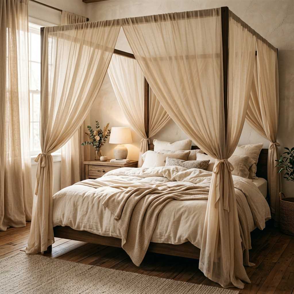 25 Cozy Fall Bedding Ideas to Make Your Bedroom Feel Warm & Luxurious 25 Canopy bed with draped curtains 20260915163352 100kb