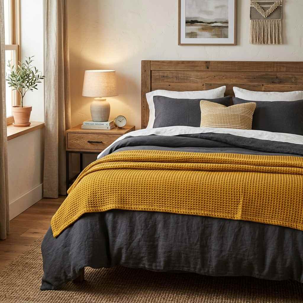 25 Cozy Fall Bedding Ideas to Make Your Bedroom Feel Warm & Luxurious 7 Mustard blanket on grey duvet 20260915132142 100kb