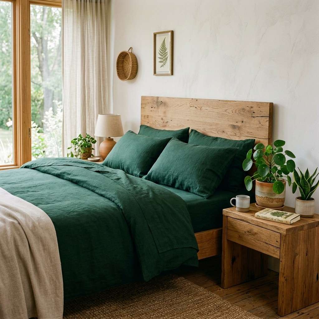 25 Cozy Fall Bedding Ideas to Make Your Bedroom Feel Warm & Luxurious 8 Forest green sheets on bed 20260915132226 100kb